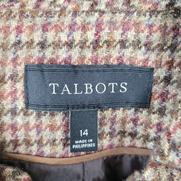 New $179 Talbots Blazer 14 Houndstooth Brown Ruffle Trim Plaid Wool NWT Academia - Picture 8 of 11